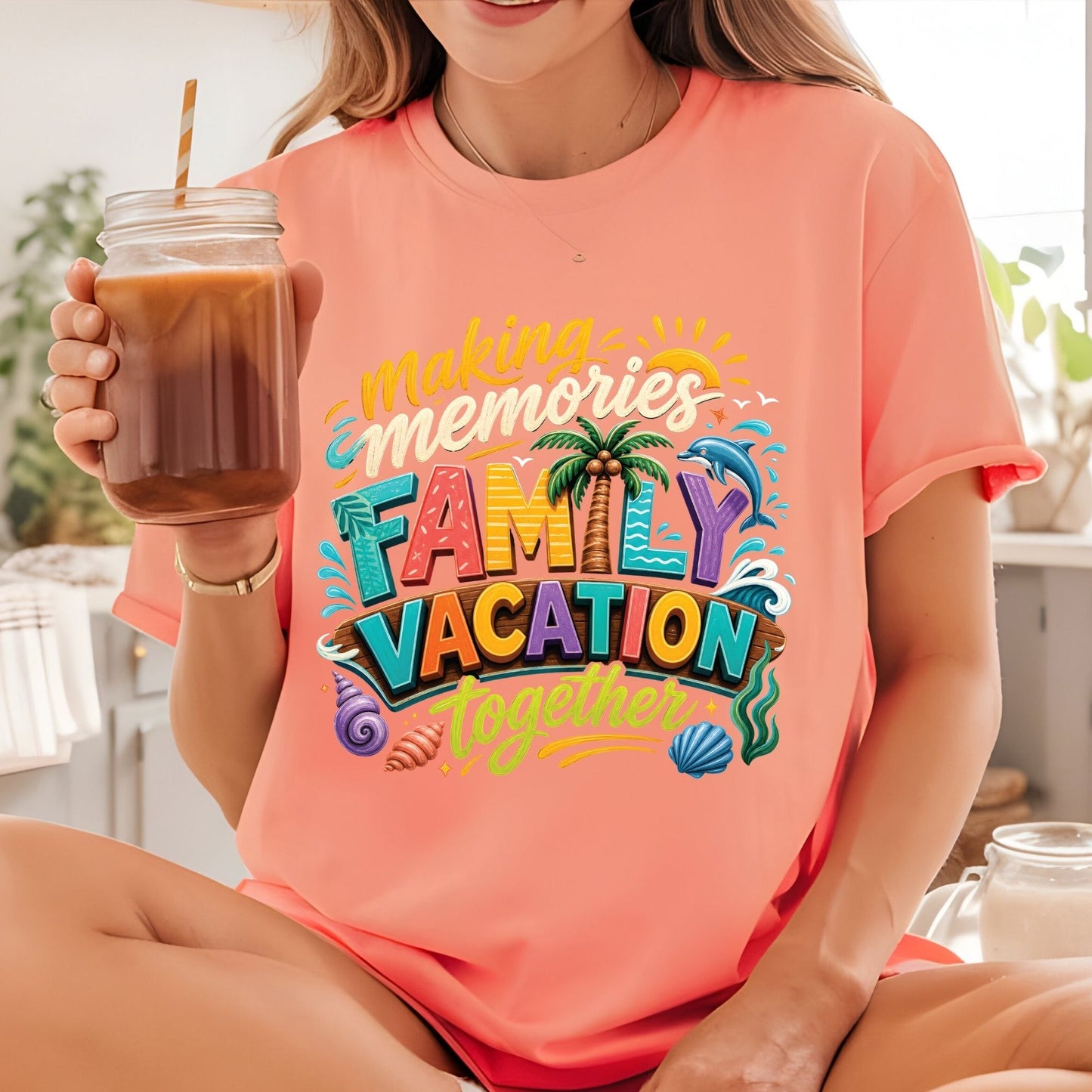 Making Memories Together Family Vacation Retro Beach DTF Transfer Ready to Press Summer Trip UV DTF Sticker Palm Tree & Dolphin Heat Transfer for Shirts