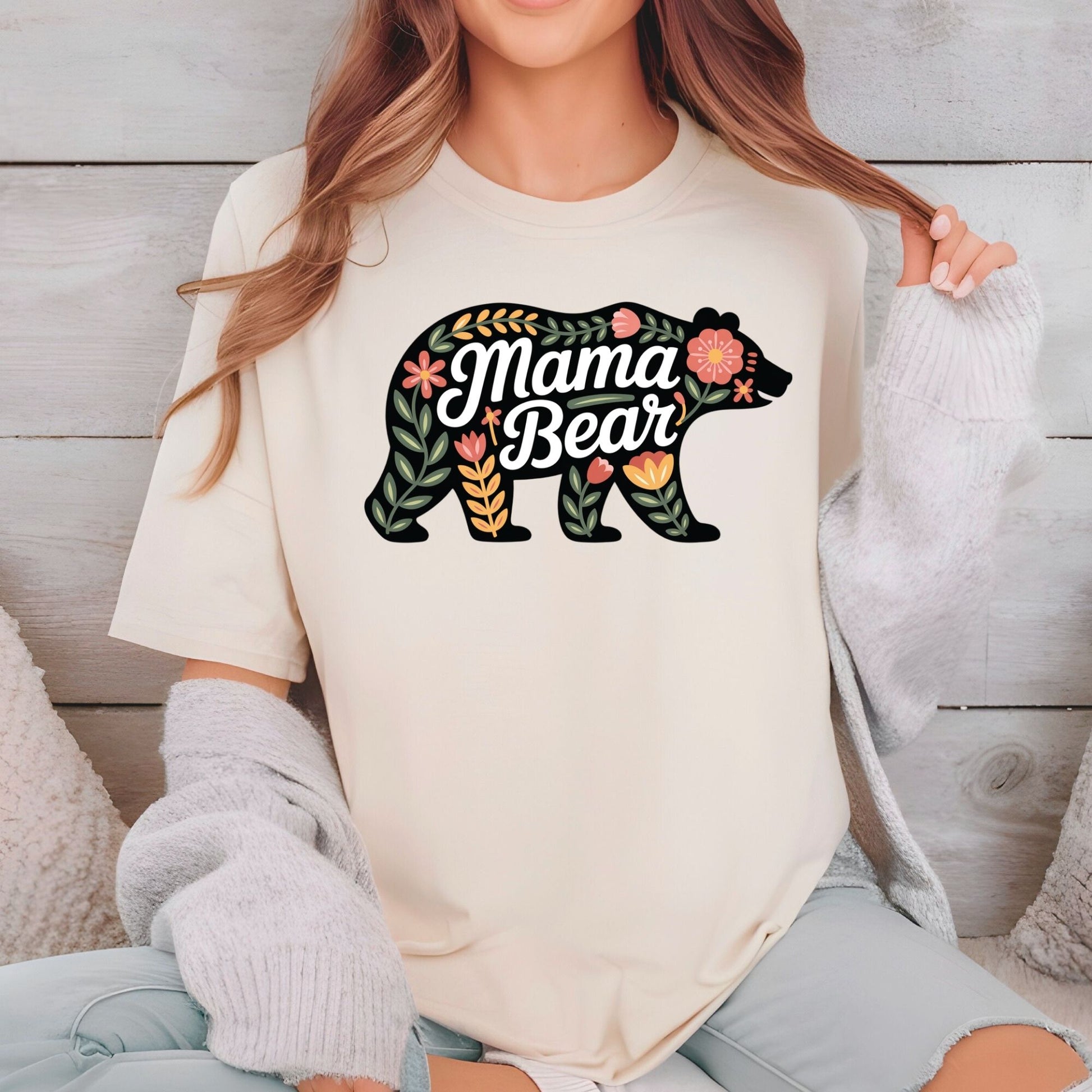 Mama Bear DTF Transfer Ready to Press Floral Folk Art Mother's Day Gift for Mom Flower Silhouette UV Sticker Prints Apparel
