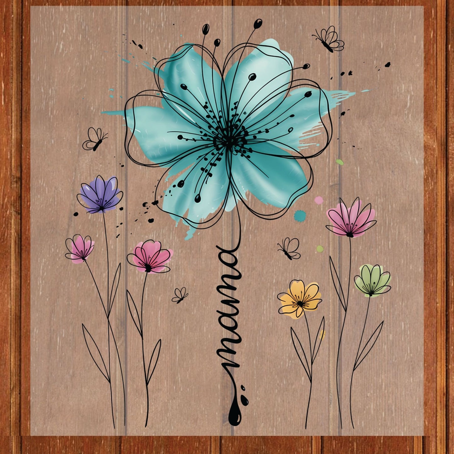 Mama DTF Transfer Ready to Press Watercolor Floral Teal Flower Butterfly Mother's Day Gift for Mom UV Sticker Prints Apparel