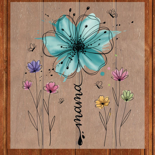 Mama DTF Transfer Ready to Press Watercolor Floral Teal Flower Butterfly Mother's Day Gift for Mom UV Sticker Prints Apparel