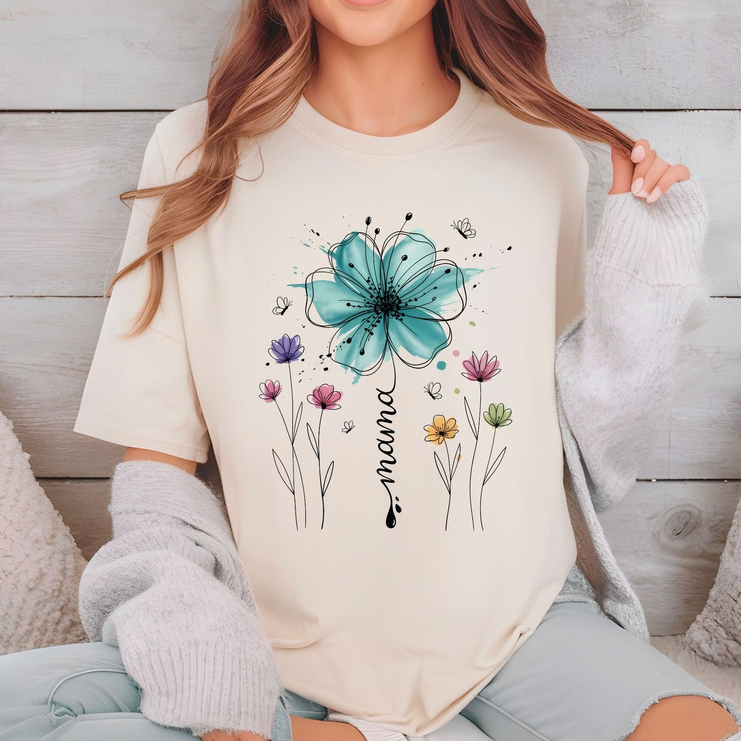 Mama DTF Transfer Ready to Press Watercolor Floral Teal Flower Butterfly Mother's Day Gift for Mom UV Sticker Prints Apparel