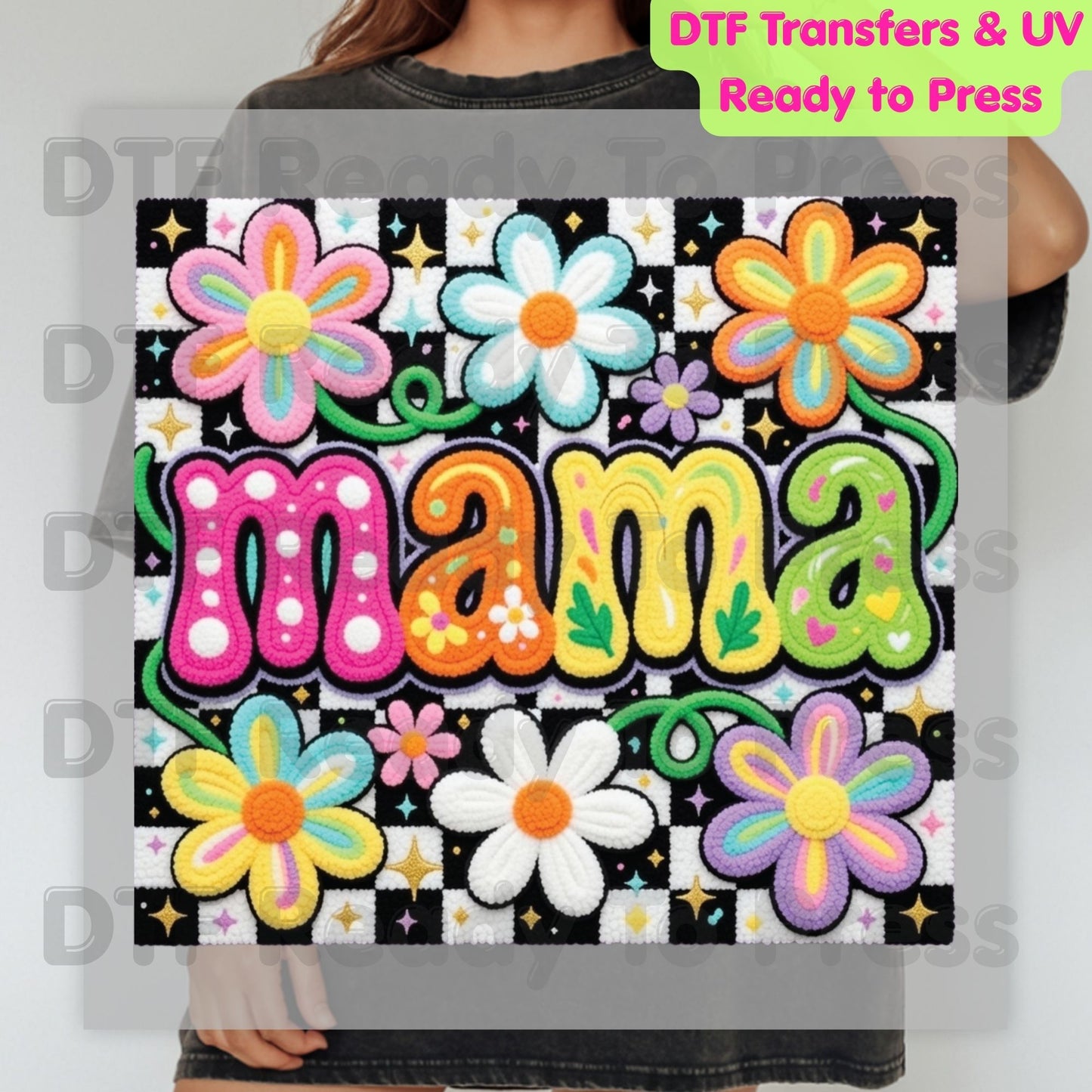 Mama Retro Flower DTF Transfer Ready to Press Colorful Groovy Checkered Daisy Heat Transfer For Shirts Mother's Day UV Sticker Prints