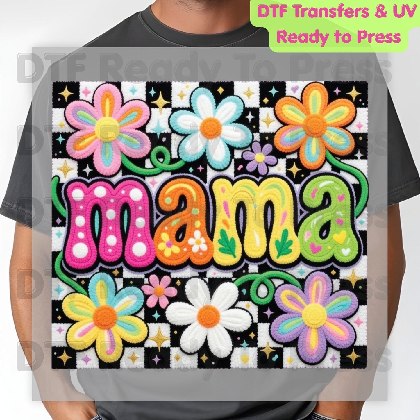 Mama Retro Flower DTF Transfer Ready to Press Colorful Groovy Checkered Daisy Heat Transfer For Shirts Mother's Day UV Sticker Prints