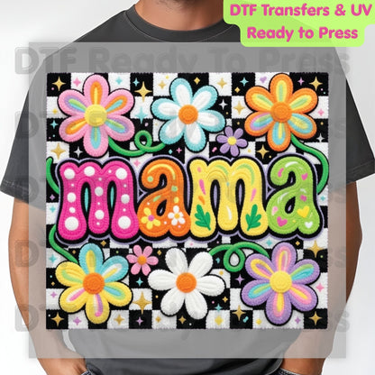Mama Retro Flower DTF Transfer Ready to Press Colorful Groovy Checkered Daisy Heat Transfer For Shirts Mother's Day UV Sticker Prints