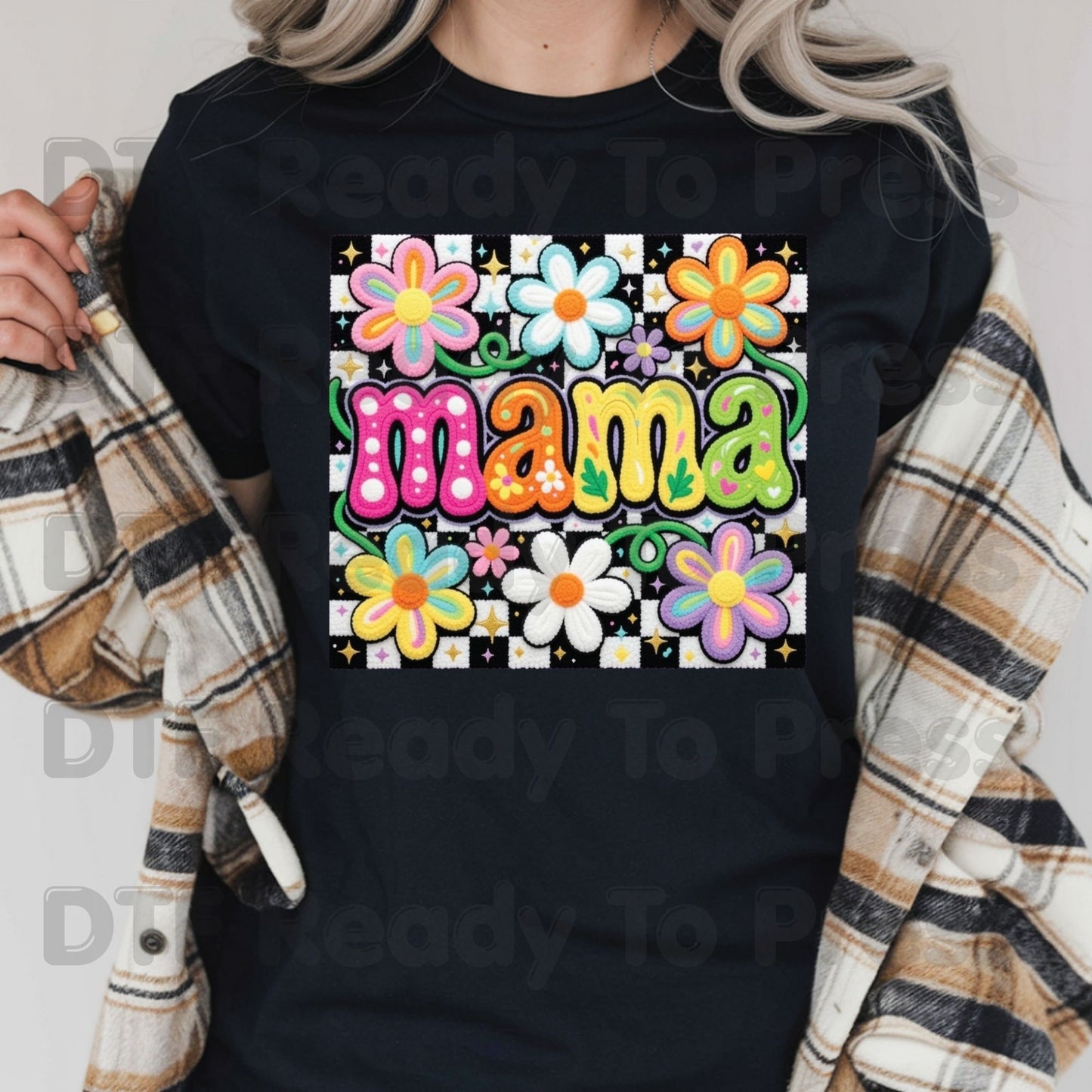 Mama Retro Flower DTF Transfer Ready to Press Colorful Groovy Checkered Daisy Heat Transfer For Shirts Mother's Day UV Sticker Prints