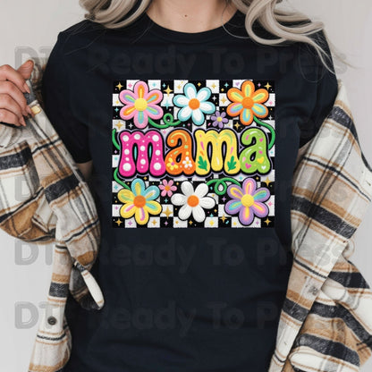 Mama Retro Flower DTF Transfer Ready to Press Colorful Groovy Checkered Daisy Heat Transfer For Shirts Mother's Day UV Sticker Prints
