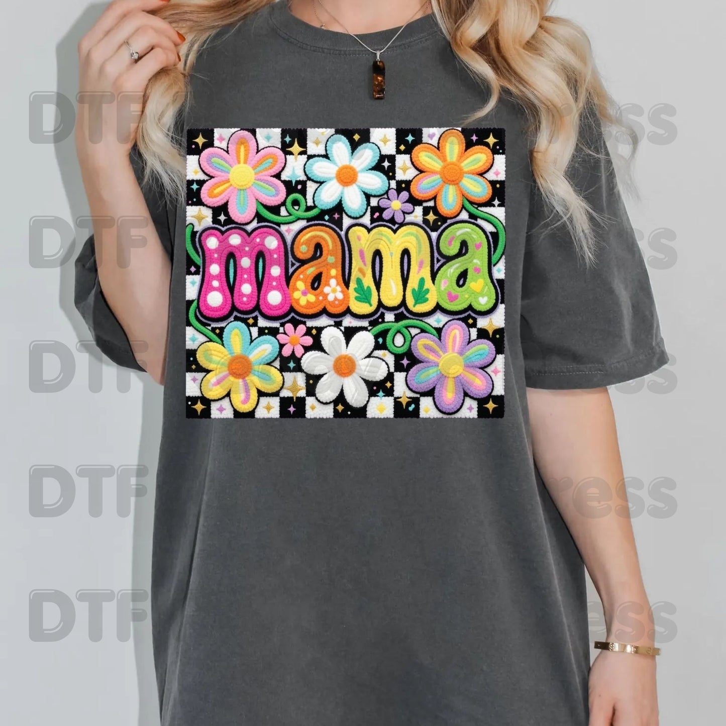 Mama Retro Flower DTF Transfer Ready to Press Colorful Groovy Checkered Daisy Heat Transfer For Shirts Mother's Day UV Sticker Prints