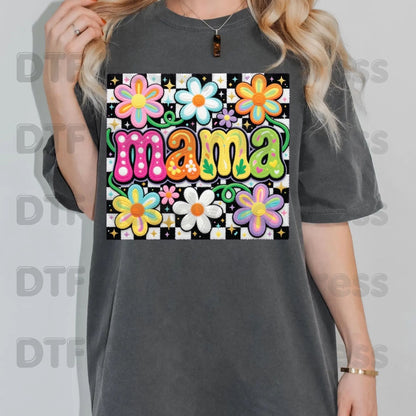 Mama Retro Flower DTF Transfer Ready to Press Colorful Groovy Checkered Daisy Heat Transfer For Shirts Mother's Day UV Sticker Prints
