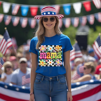 Mama Retro Flower DTF Transfer Ready to Press Colorful Groovy Checkered Daisy Heat Transfer For Shirts Mother's Day UV Sticker Prints
