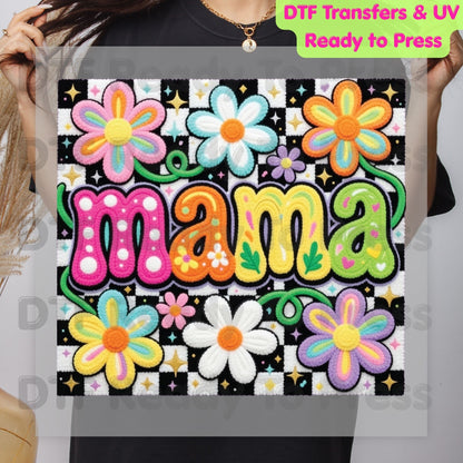 Mama Retro Flower DTF Transfer Ready to Press Colorful Groovy Checkered Daisy Heat Transfer For Shirts Mother's Day UV Sticker Prints