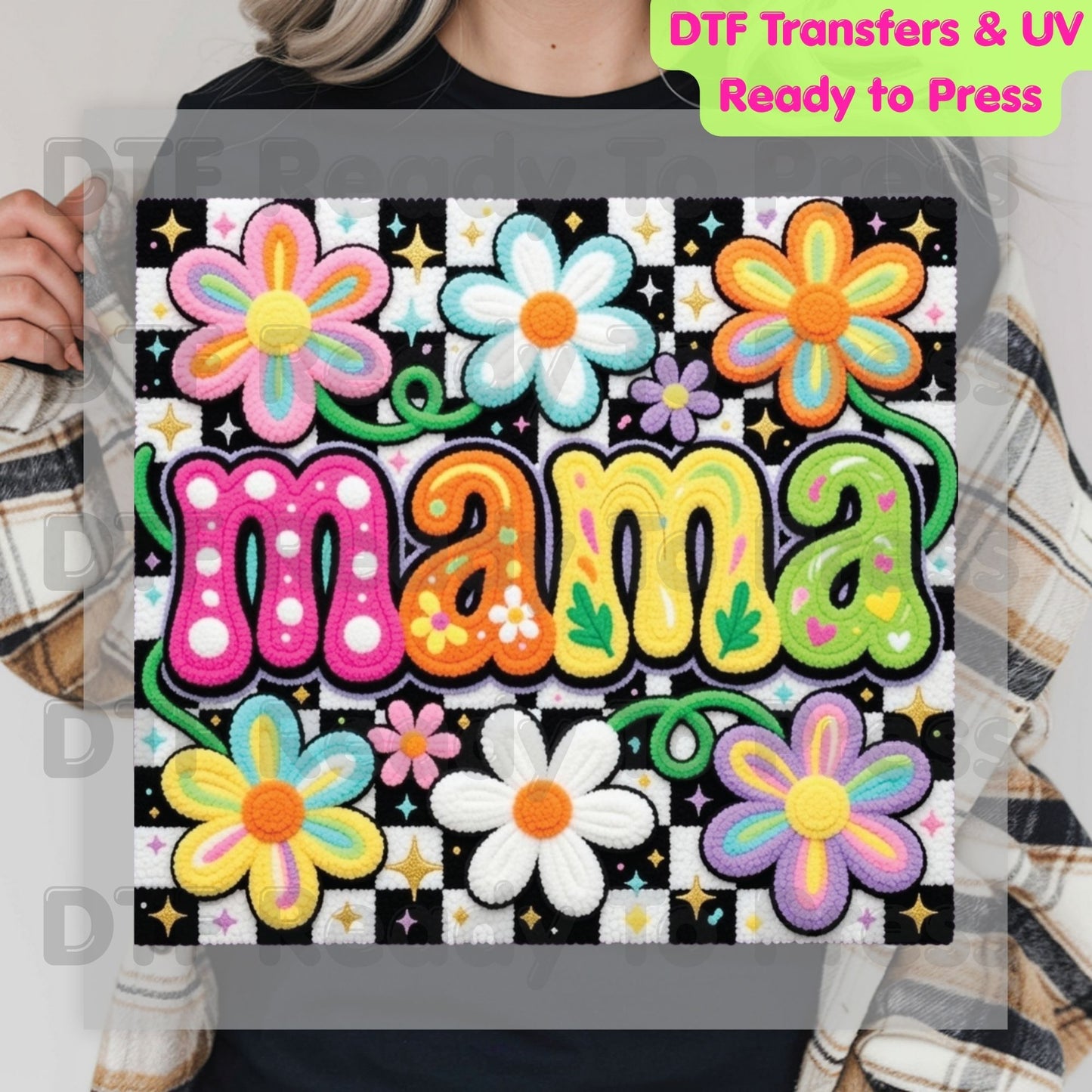 Mama Retro Flower DTF Transfer Ready to Press Colorful Groovy Checkered Daisy Heat Transfer For Shirts Mother's Day UV Sticker Prints