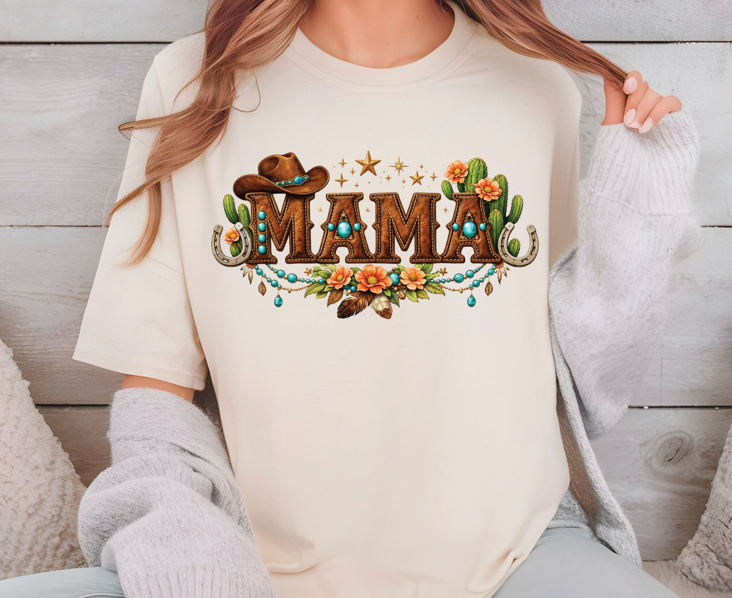 Mama Western T Shirt Adult Youth Toddler Baby Cowboy Hat Turquoise Leather Graphic Tee Floral Cactus Horseshoe Retro Rodeo Country Mother Gift