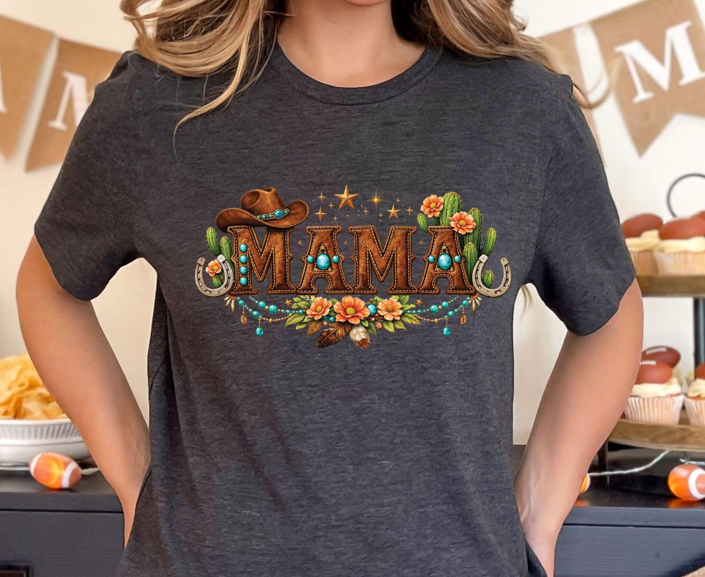 Mama Western T Shirt Adult Youth Toddler Baby Cowboy Hat Turquoise Leather Graphic Tee Floral Cactus Horseshoe Retro Rodeo Country Mother Gift