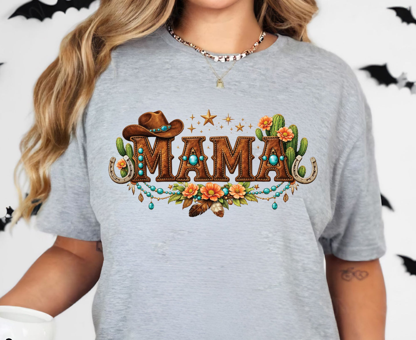 Mama Western T Shirt Adult Youth Toddler Baby Cowboy Hat Turquoise Leather Graphic Tee Floral Cactus Horseshoe Retro Rodeo Country Mother Gift