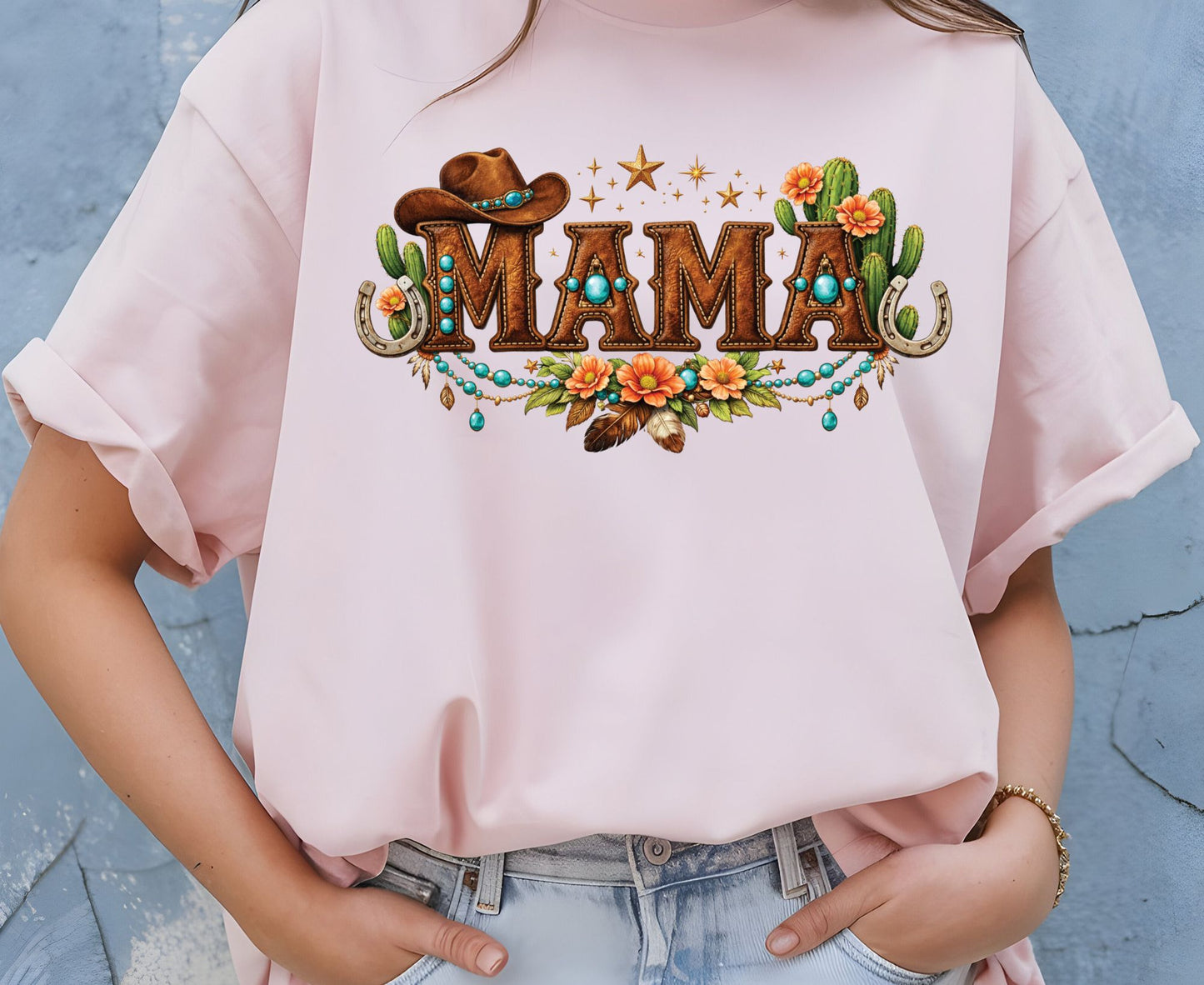 Mama Western T Shirt Adult Youth Toddler Baby Cowboy Hat Turquoise Leather Graphic Tee Floral Cactus Horseshoe Retro Rodeo Country Mother Gift