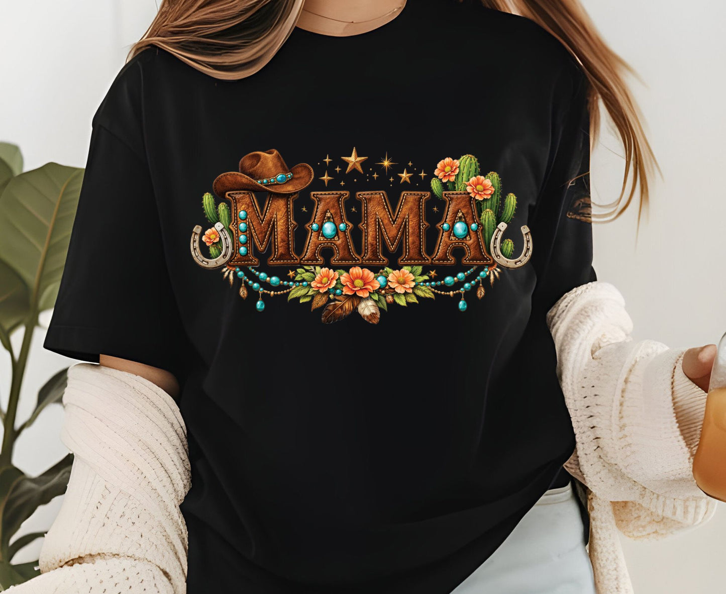 Mama Western T Shirt Adult Youth Toddler Baby Cowboy Hat Turquoise Leather Graphic Tee Floral Cactus Horseshoe Retro Rodeo Country Mother Gift