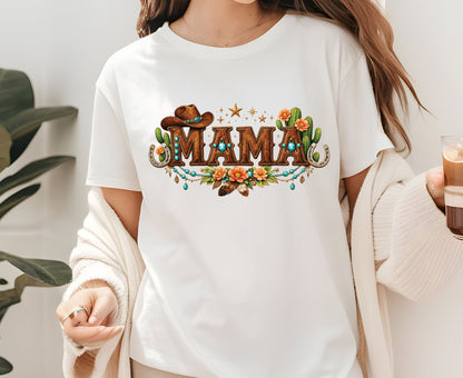 Mama Western T Shirt Adult Youth Toddler Baby Cowboy Hat Turquoise Leather Graphic Tee Floral Cactus Horseshoe Retro Rodeo Country Mother Gift