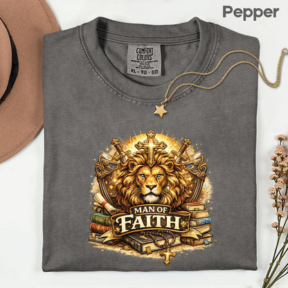 Man Of Faith Comfort Colors T Shirt Lion Of Judah Cross Christian Gift Religious Warrior Apparel Bible Scripture Men Tee Spiritual Gameday Shirt