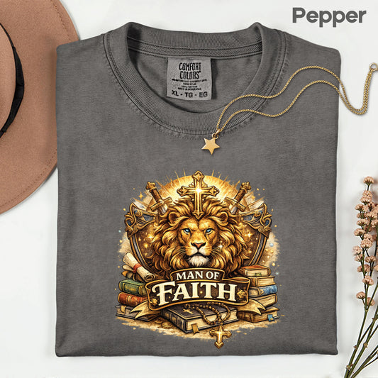 Man Of Faith Comfort Colors T Shirt Lion Of Judah Cross Christian Gift Religious Warrior Apparel Bible Scripture Men Tee Spiritual Gameday Shirt