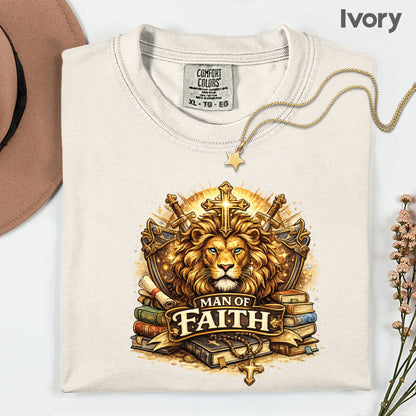 Man Of Faith Comfort Colors T Shirt Lion Of Judah Cross Christian Gift Religious Warrior Apparel Bible Scripture Men Tee Spiritual Gameday Shirt