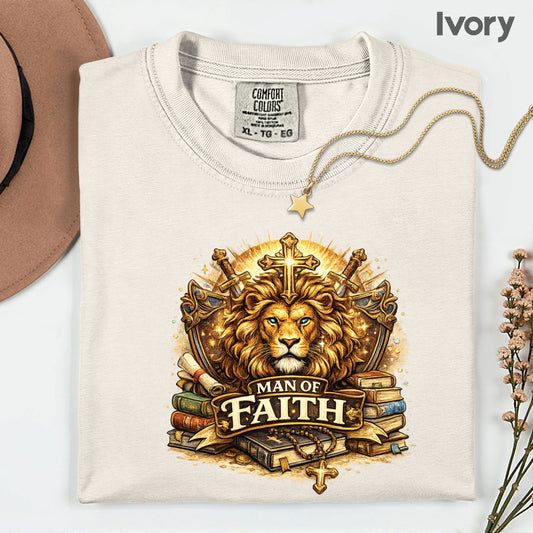 Man Of Faith Comfort Colors T Shirt Lion Of Judah Cross Christian Gift Religious Warrior Apparel Bible Scripture Men Tee Spiritual Gameday Shirt