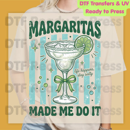 Margaritas Made Me Do It Life Happens Stay Salty DTF Transfer Ready to Press Retro Coquette Bow Cocktail Heat Transfer for Shirts UV Sticker