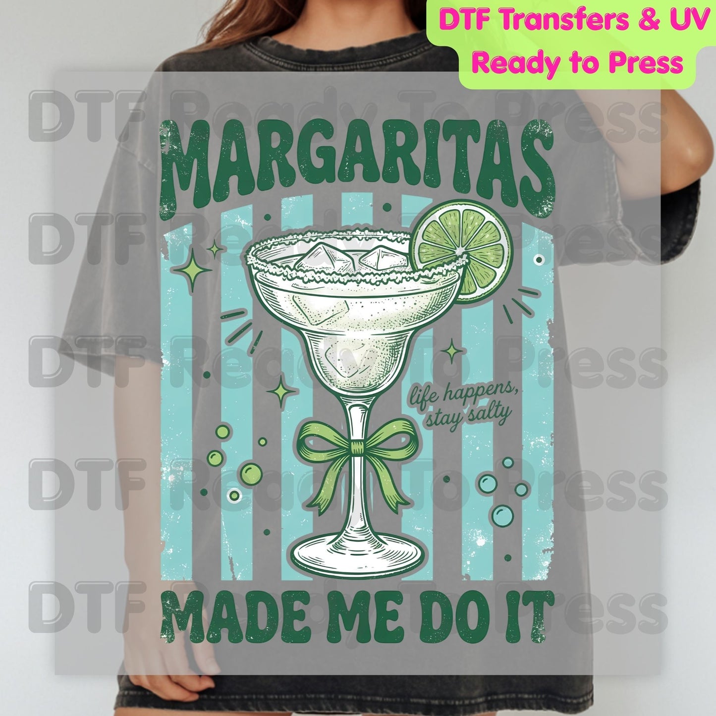 Margaritas Made Me Do It Life Happens Stay Salty DTF Transfer Ready to Press Retro Coquette Bow Cocktail Heat Transfer for Shirts UV Sticker