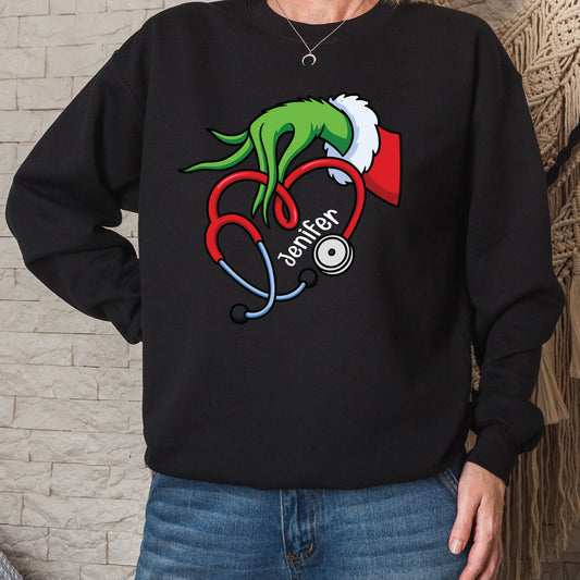 Merry Grinchmas Stethoscope Sweatshirt, Funny Grinch Doctor Christmas Shirt, Personalized Grinch Nurse Shirt, Custom Heart Stethoscope Tees