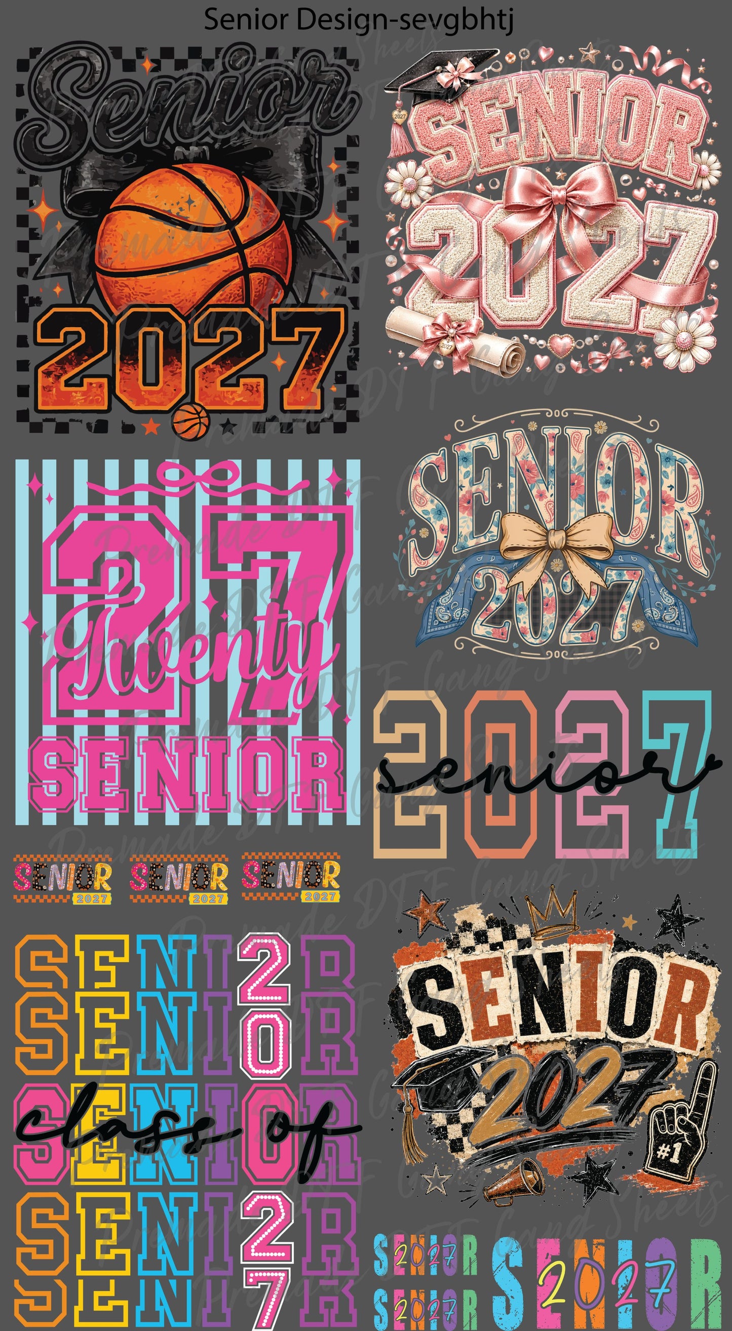Senior 2027 DTF Gang Sheet Checkered Basketball DTF Transfer Ready to Press Bow Baseball Class of 2027 Senior Mom Heat Transfer Shirt