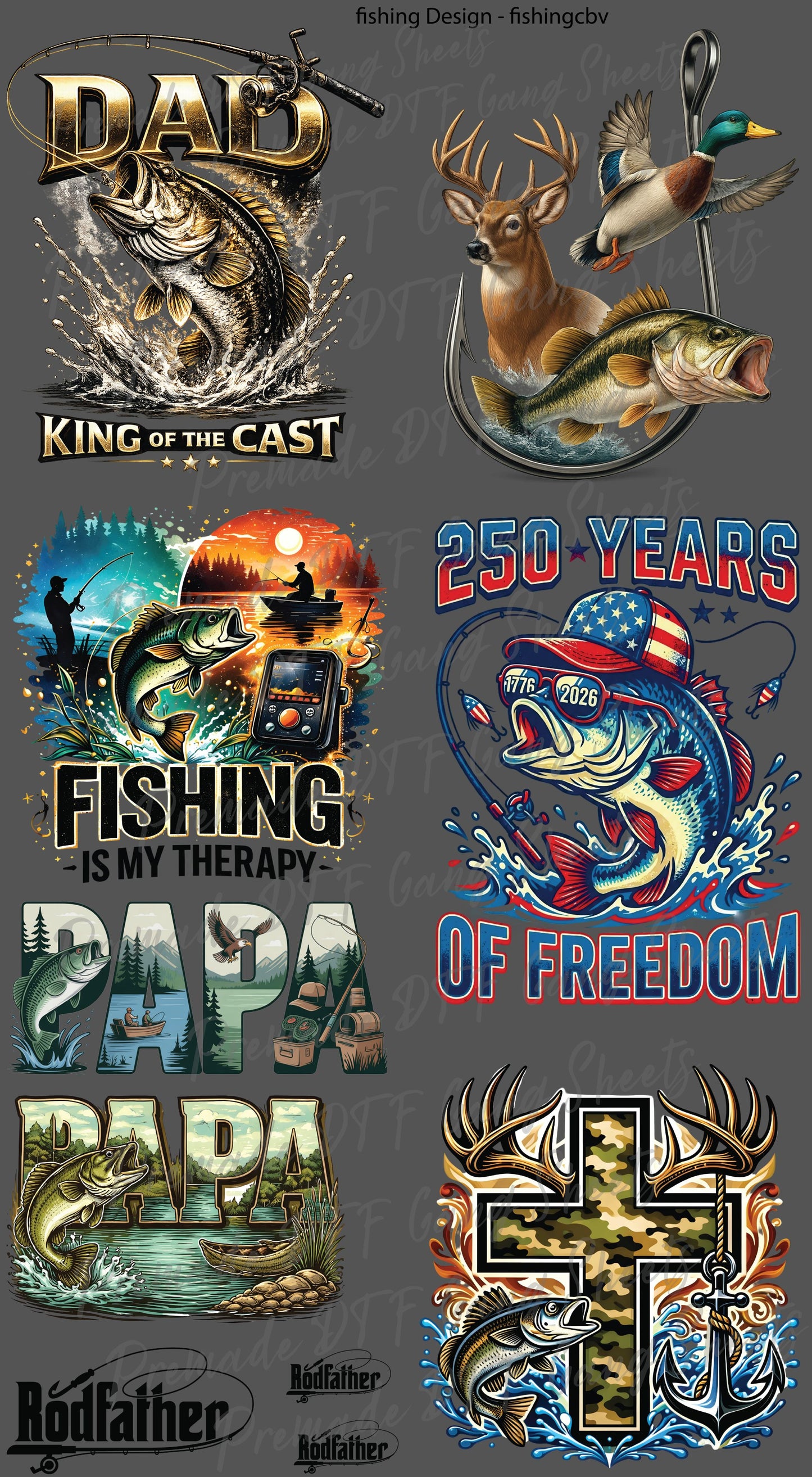 Fishing Premade Gang Sheet Father's Day DTF Transfer ready to Press Fishing Dad American Freedom Theme Heat Transfer for Shirts