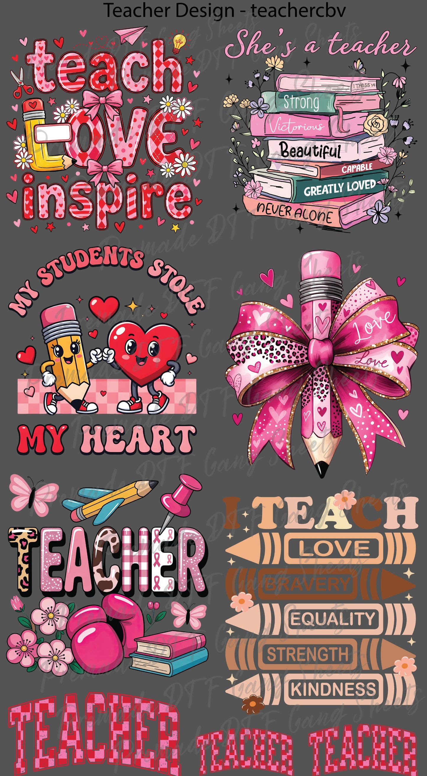 Teacher Premade Gang Sheet School Teacher DTF Transfer ready to Press Teach Love Inspire Heat Transfer for Shirts