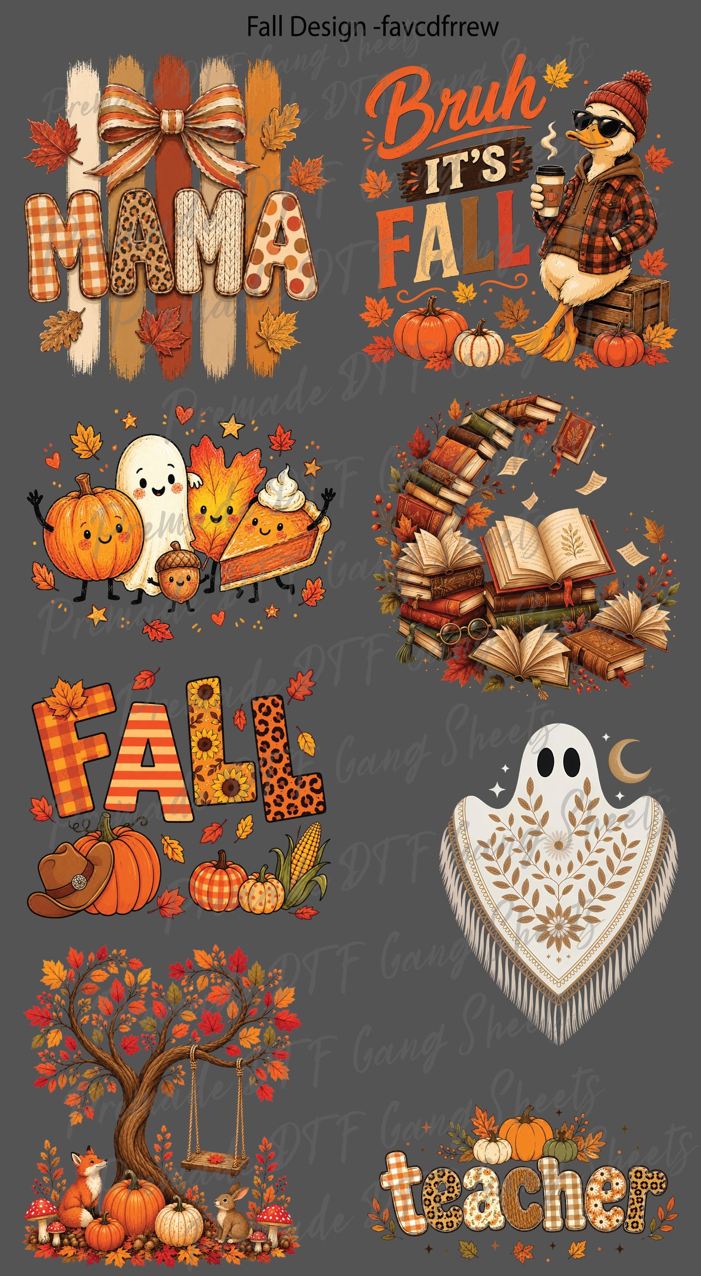 Fall Gang Sheet Ready to Press Halloween Premade DTF Transfer Holiday Fall Season Mama Teacher Heat Transfer For Shirts