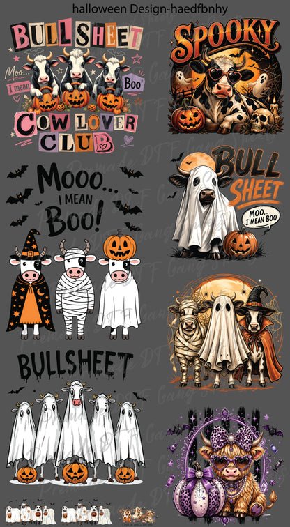 Halloween DTF Transfer Ready to Press Premade DTF Gang Sheet Spooky Ghost Cow Mooo I Mean Boo Funny Fall Heat Transfer For Shirts