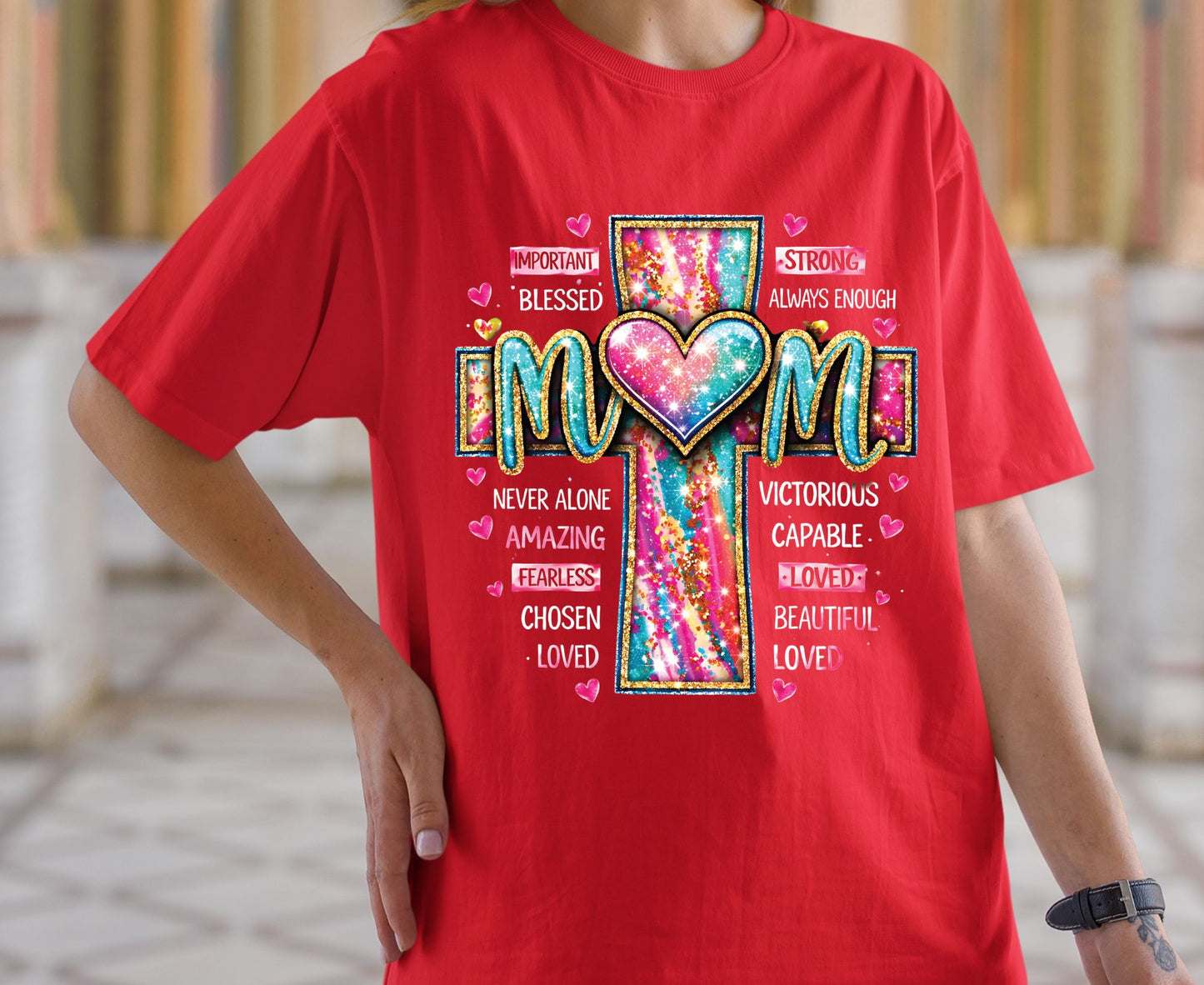 Mom Glitter Cross T Shirt Christian Motherhood Tee Religious Mom Gift Amazing Fearless Loved Shirt Faith Adult Youth Toddler Baby Church Outfit
