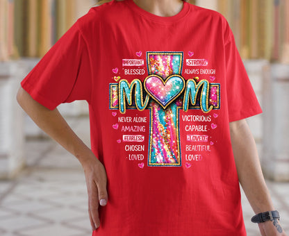 Mom Glitter Cross T Shirt Christian Motherhood Tee Religious Mom Gift Amazing Fearless Loved Shirt Faith Adult Youth Toddler Baby Church Outfit