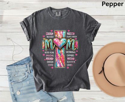 Mom Glitter Cross T Shirt Christian Motherhood Tee Religious Mom Gift Amazing Fearless Loved Shirt Faith Adult Youth Toddler Baby Church Outfit