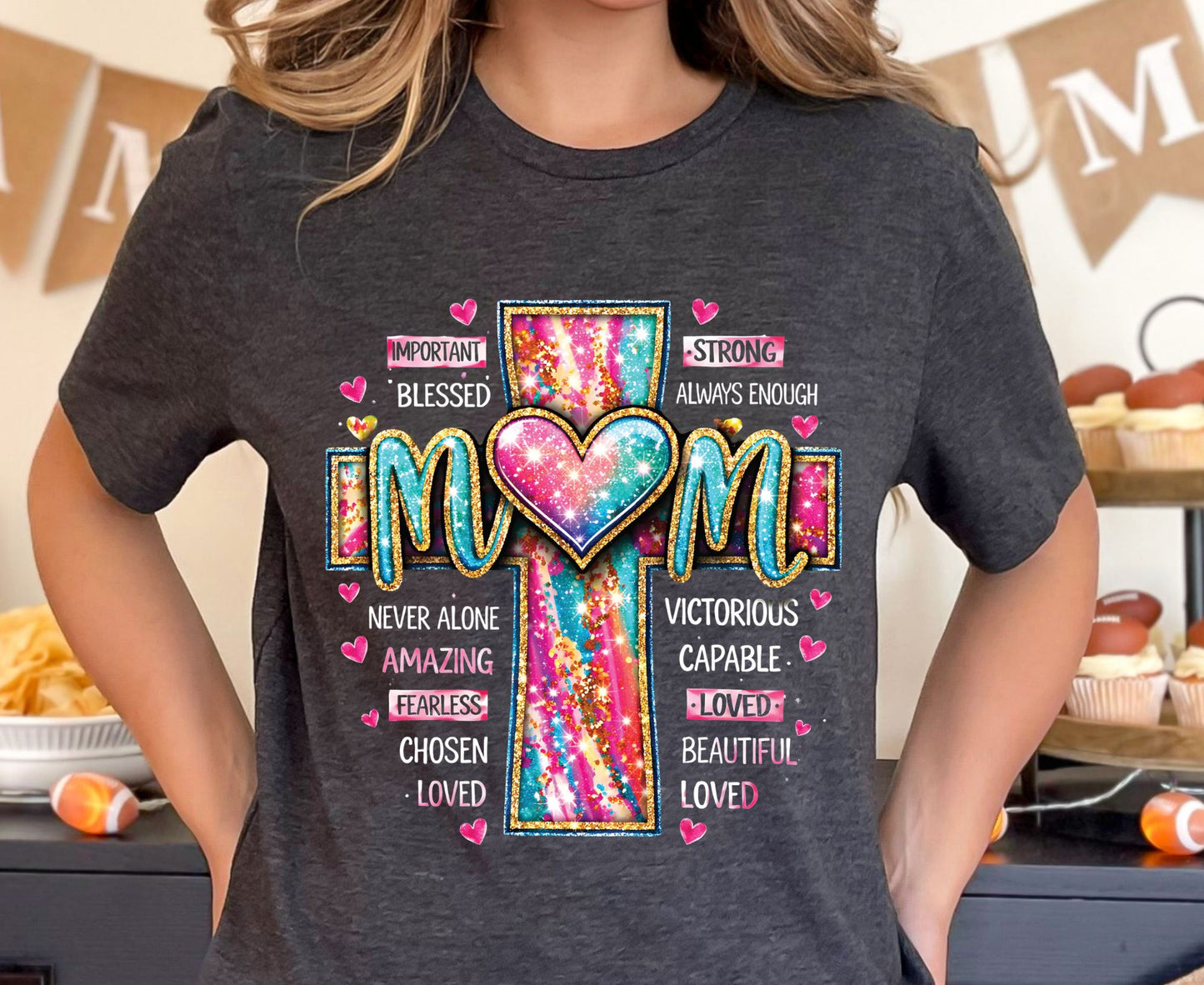 Mom Glitter Cross T Shirt Christian Motherhood Tee Religious Mom Gift Amazing Fearless Loved Shirt Faith Adult Youth Toddler Baby Church Outfit
