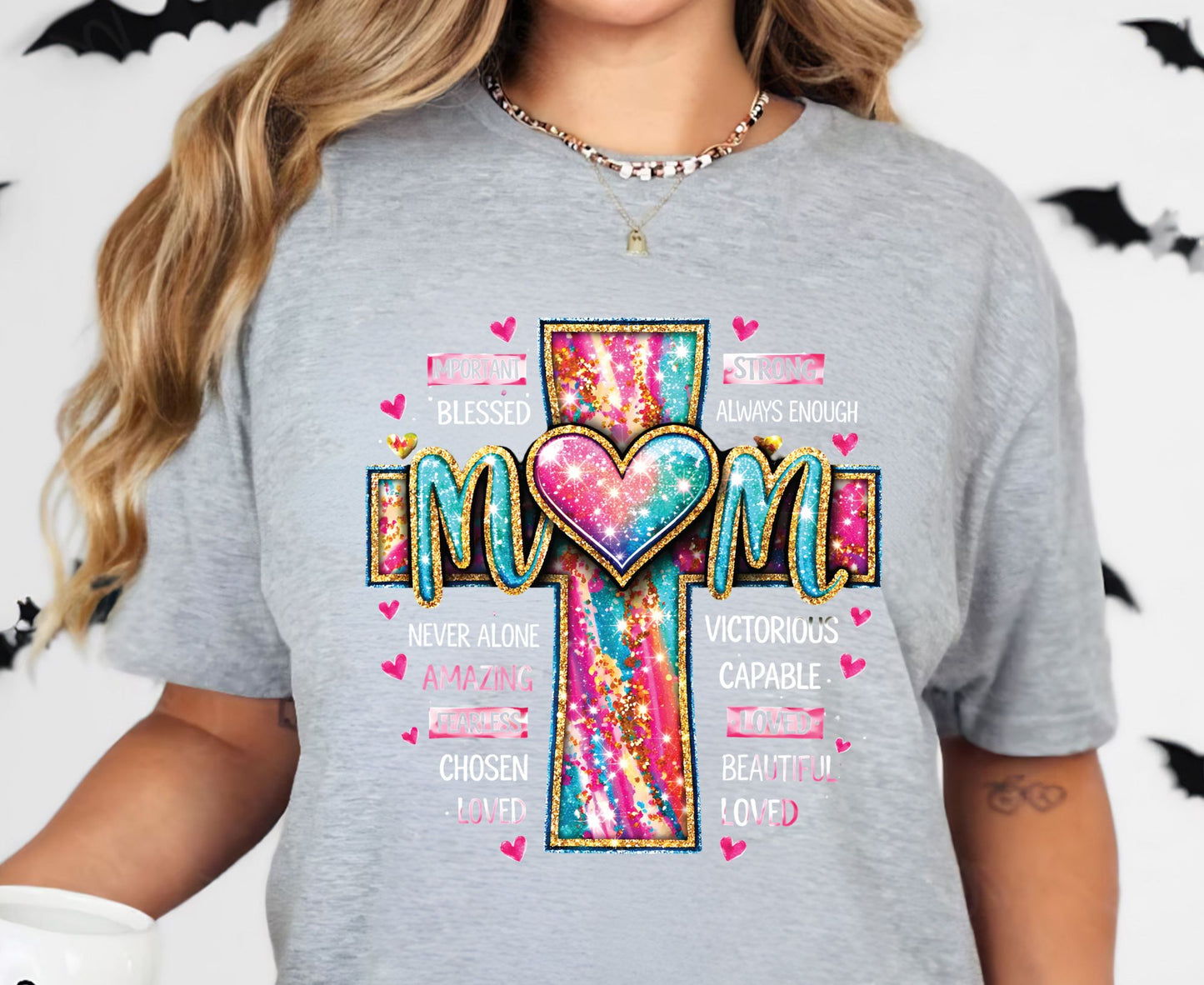 Mom Glitter Cross T Shirt Christian Motherhood Tee Religious Mom Gift Amazing Fearless Loved Shirt Faith Adult Youth Toddler Baby Church Outfit