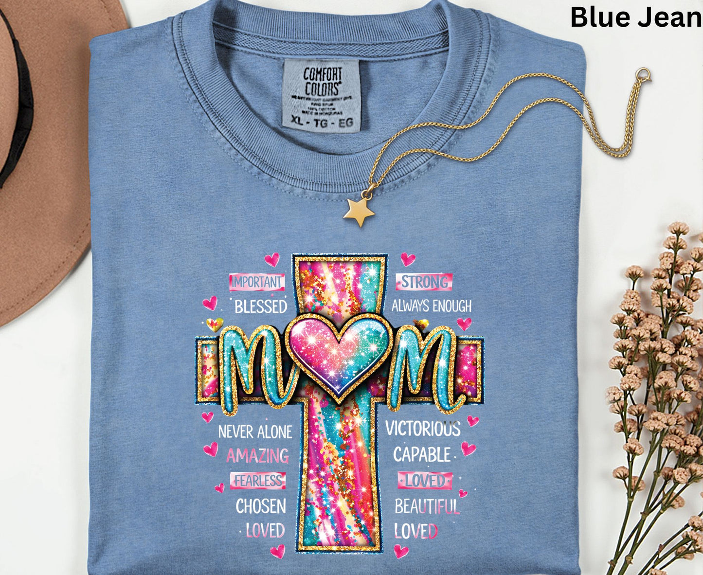 Mom Glitter Cross T Shirt Christian Motherhood Tee Religious Mom Gift Amazing Fearless Loved Shirt Faith Adult Youth Toddler Baby Church Outfit