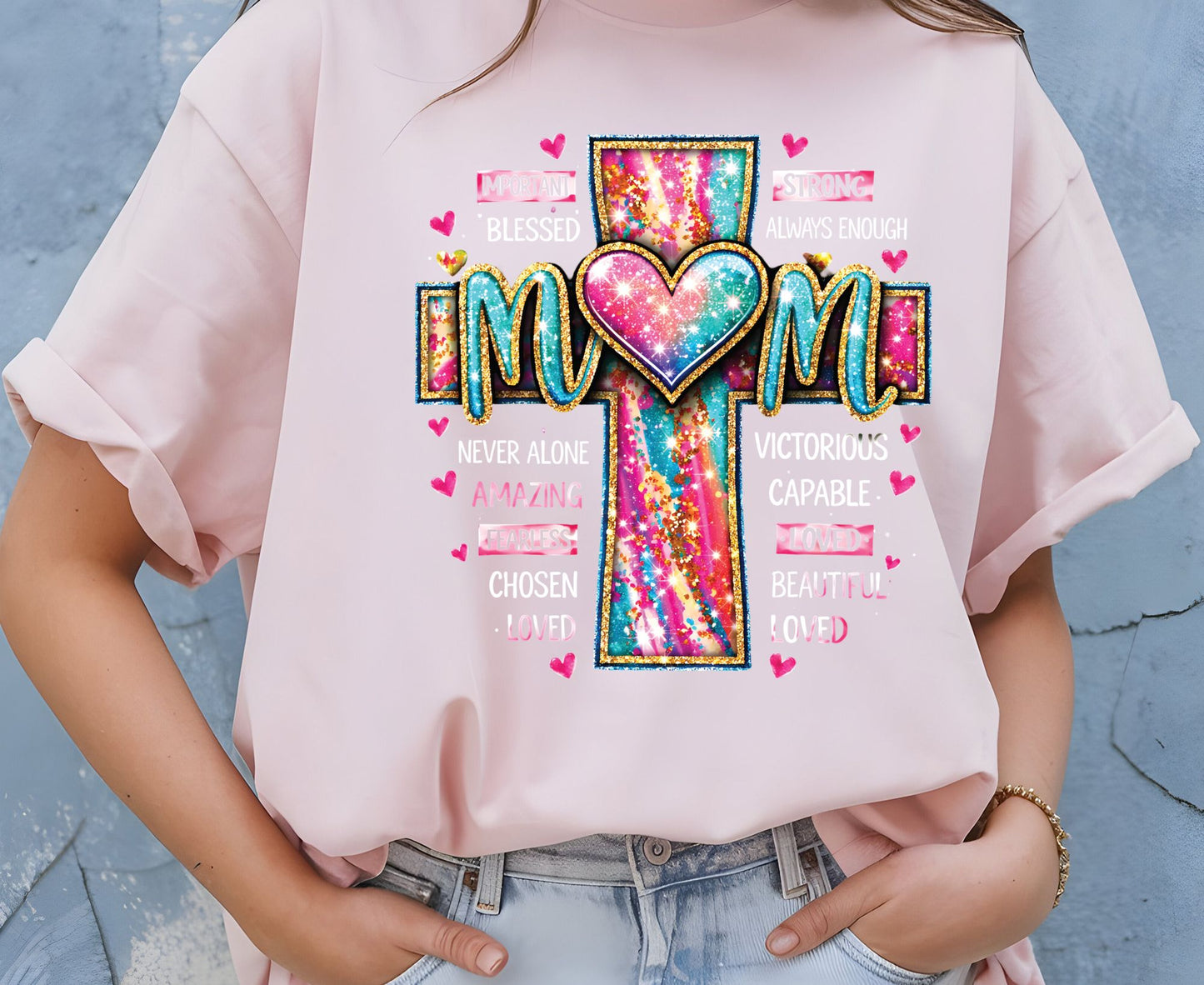 Mom Glitter Cross T Shirt Christian Motherhood Tee Religious Mom Gift Amazing Fearless Loved Shirt Faith Adult Youth Toddler Baby Church Outfit