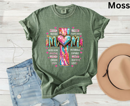 Mom Glitter Cross T Shirt Christian Motherhood Tee Religious Mom Gift Amazing Fearless Loved Shirt Faith Adult Youth Toddler Baby Church Outfit
