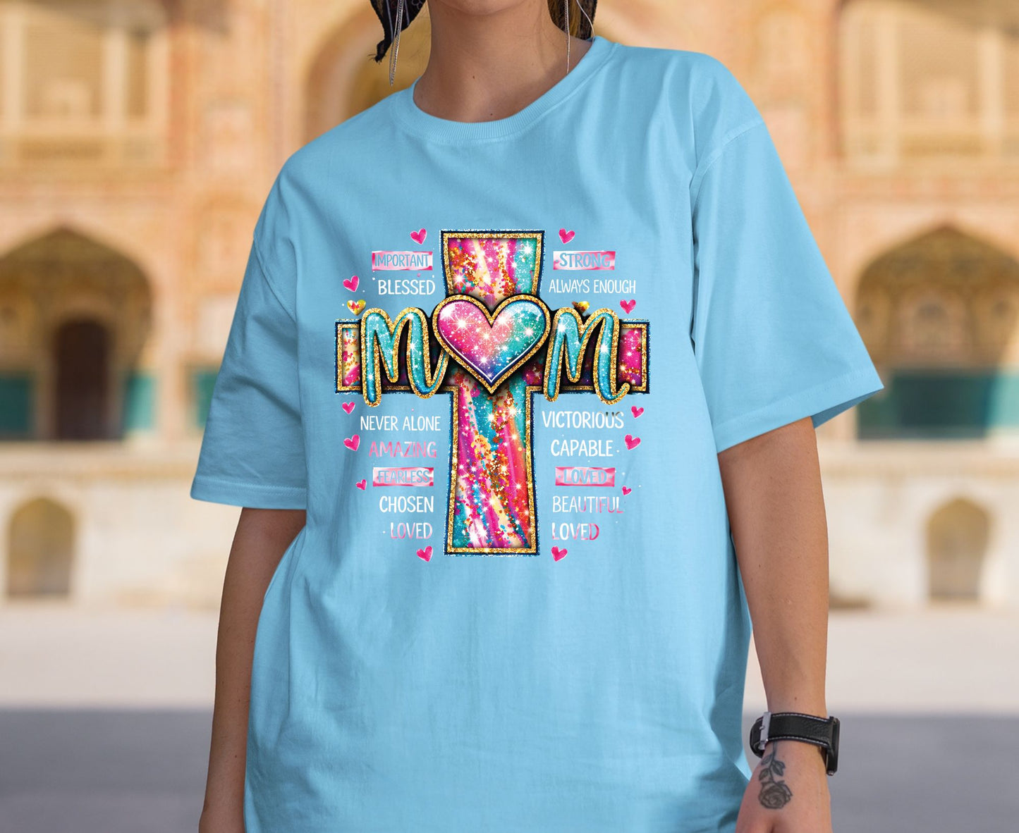 Mom Glitter Cross T Shirt Christian Motherhood Tee Religious Mom Gift Amazing Fearless Loved Shirt Faith Adult Youth Toddler Baby Church Outfit