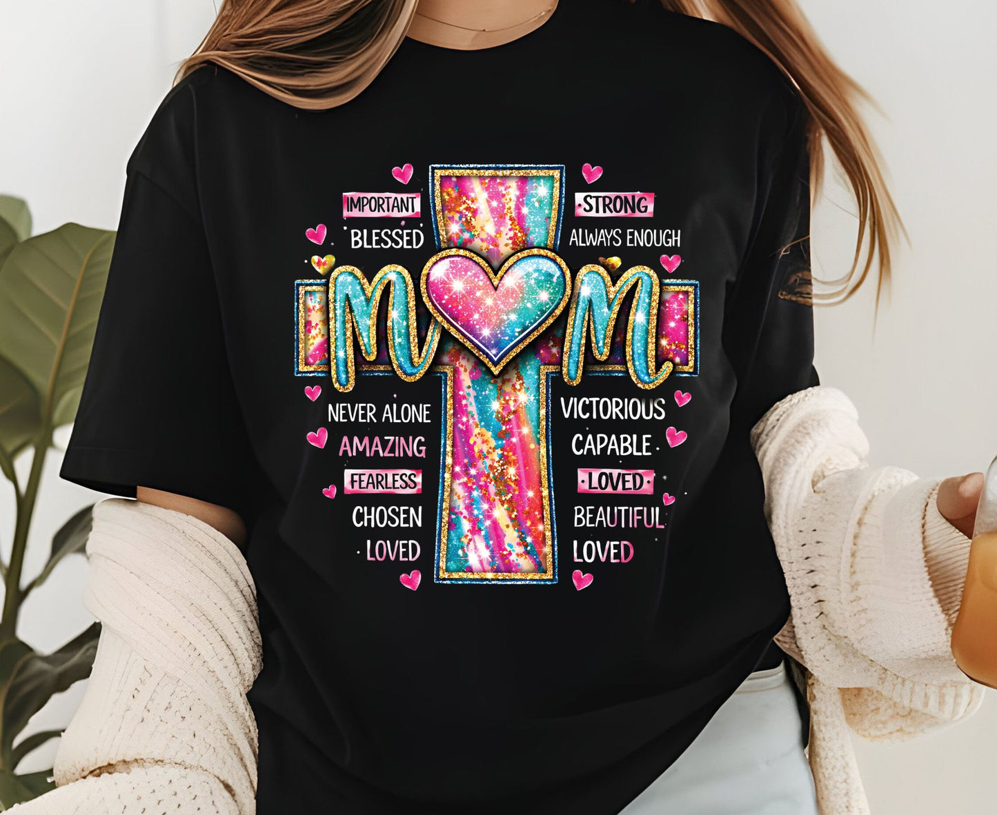 Mom Glitter Cross T Shirt Christian Motherhood Tee Religious Mom Gift Amazing Fearless Loved Shirt Faith Adult Youth Toddler Baby Church Outfit