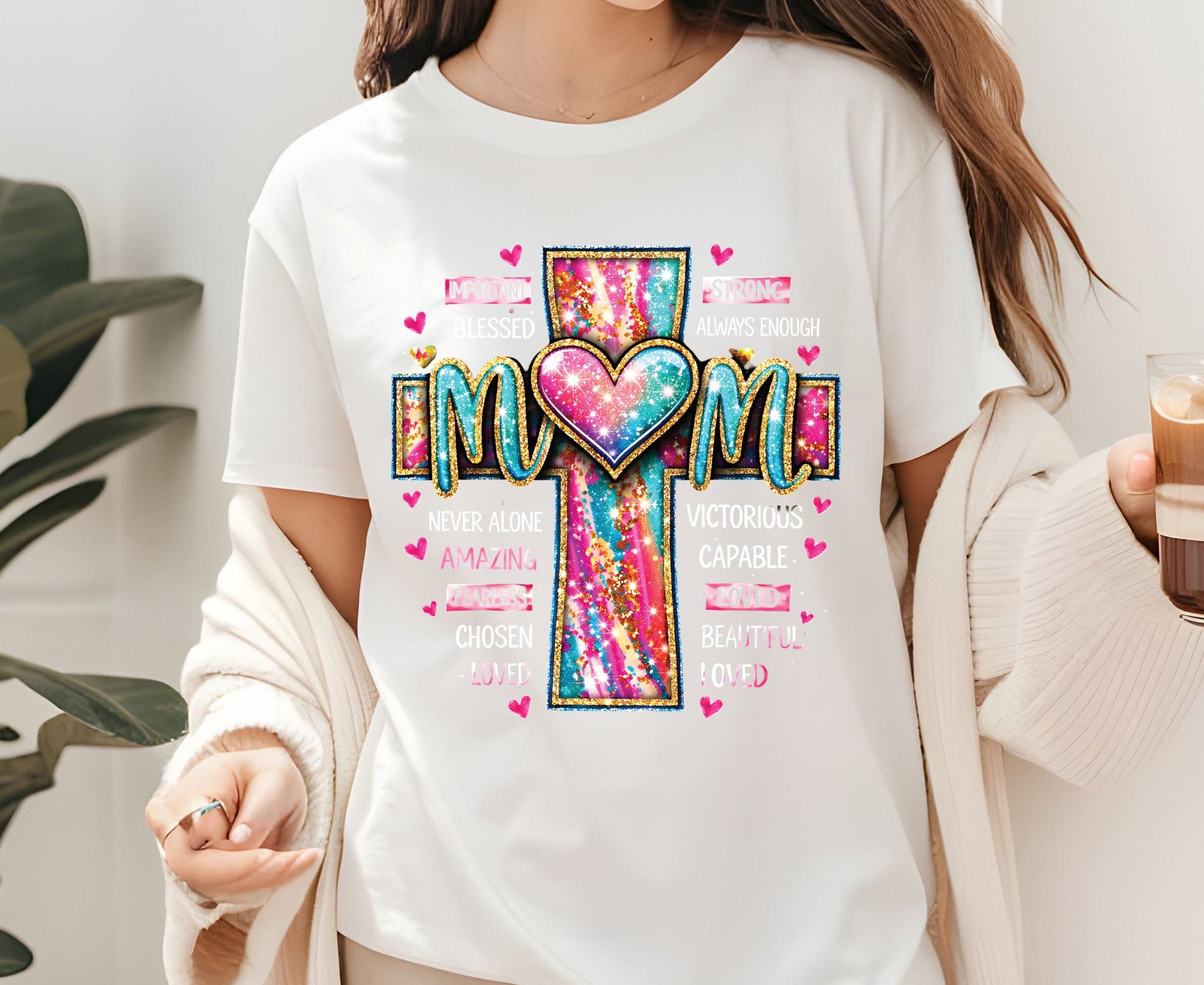 Mom Glitter Cross T Shirt Christian Motherhood Tee Religious Mom Gift Amazing Fearless Loved Shirt Faith Adult Youth Toddler Baby Church Outfit