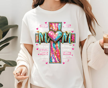 Mom Glitter Cross T Shirt Christian Motherhood Tee Religious Mom Gift Amazing Fearless Loved Shirt Faith Adult Youth Toddler Baby Church Outfit