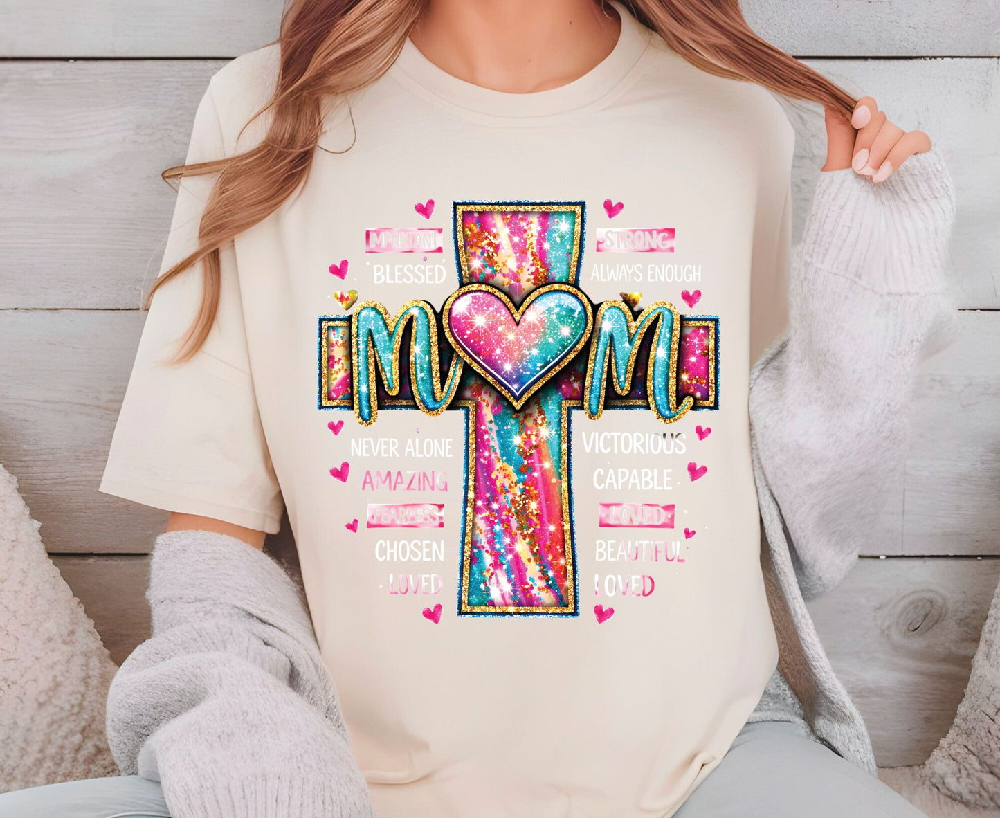 Mom Glitter Cross T Shirt Christian Motherhood Tee Religious Mom Gift Amazing Fearless Loved Shirt Faith Adult Youth Toddler Baby Church Outfit