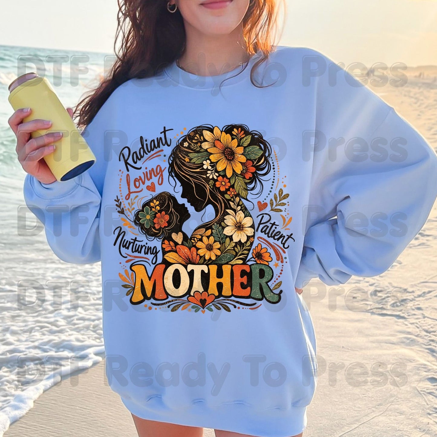 Mother Radiant Loving Nurturing Patient DTF Transfer Ready to Press Retro Floral Silhouette Heat Transfer for Shirts Mama UV Sticker Prints