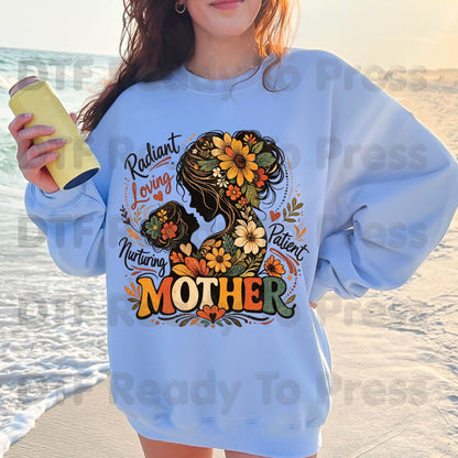 Mother Radiant Loving Nurturing Patient DTF Transfer Ready to Press Retro Floral Silhouette Heat Transfer for Shirts Mama UV Sticker Prints