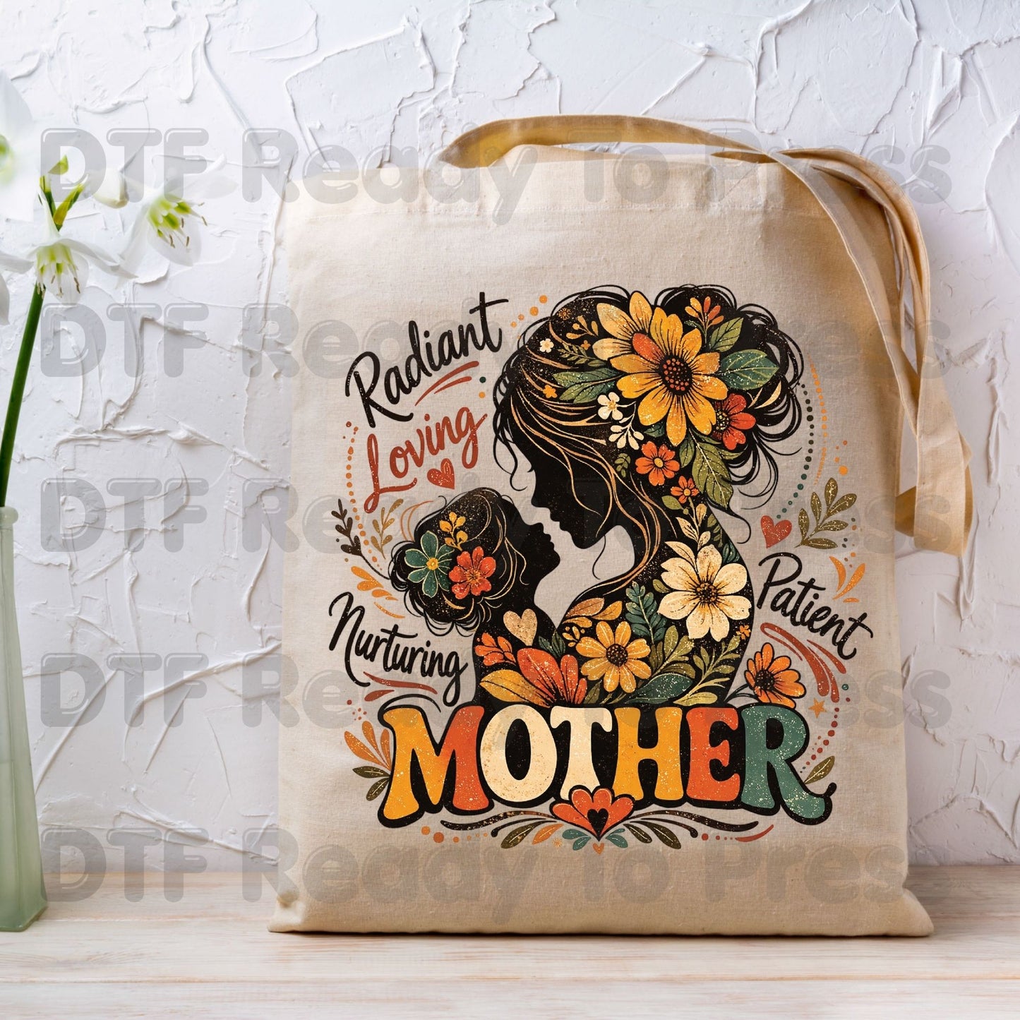 Mother Radiant Loving Nurturing Patient DTF Transfer Ready to Press Retro Floral Silhouette Heat Transfer for Shirts Mama UV Sticker Prints