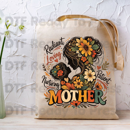 Mother Radiant Loving Nurturing Patient DTF Transfer Ready to Press Retro Floral Silhouette Heat Transfer for Shirts Mama UV Sticker Prints